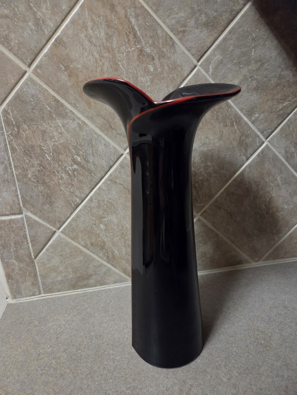 Black Ceramic Flower Vase Red Rim 11.5" Made In Japan
